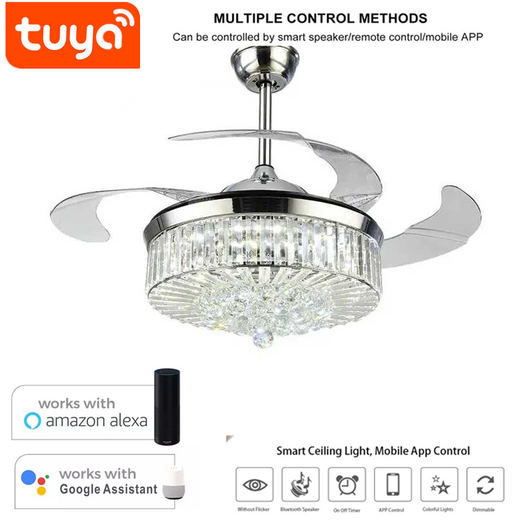 Tuya intelligent voice intelligent control led tricolor variable light 42IN living room fan lamp