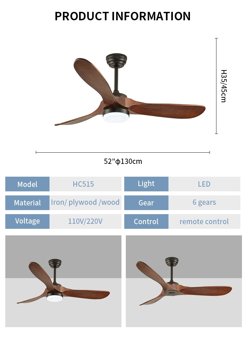 52 Inch Solid Wood Blade Remote Control Ceiling Fan Without Light