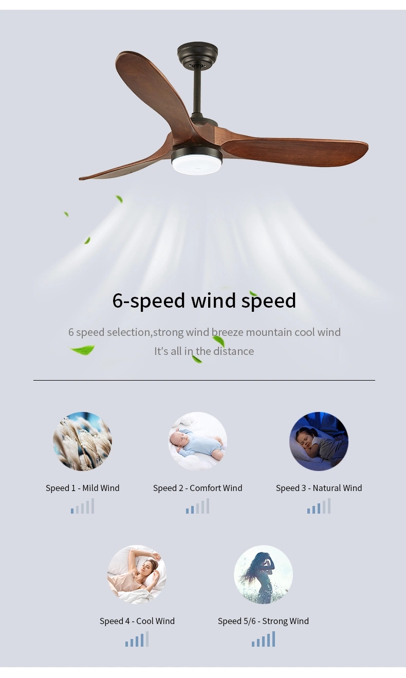 52 Inch Solid Wood Blade Remote Control Ceiling Fan Without Light