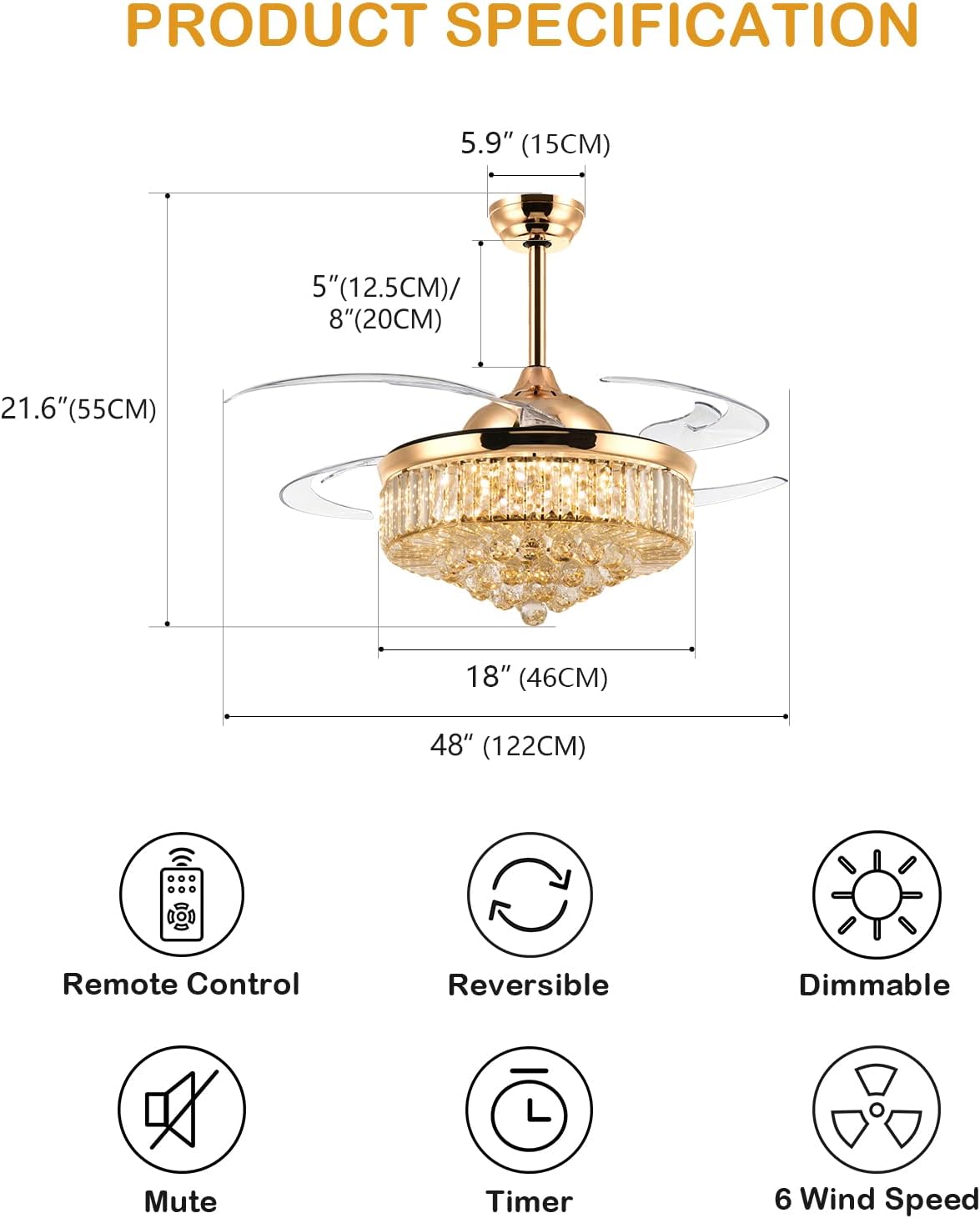 48-inch crystal ceiling fan with lights and remote control Modern dimmer chandelier Invisible retractable chandelier fan Gold bedroom living room