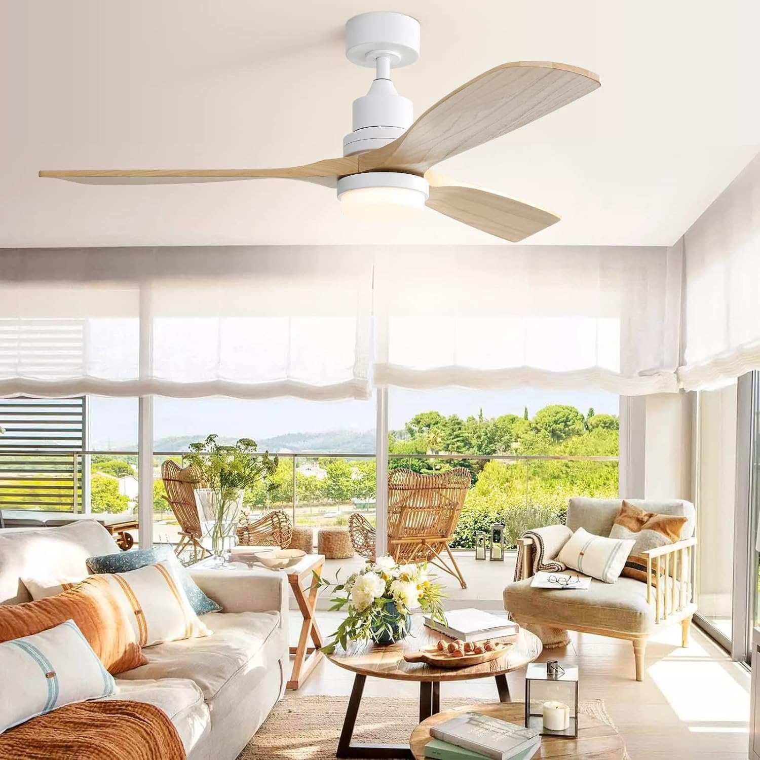 52 “Ceiling Fan with light Modern wooden ceiling fan Remote Control Dimmable LED Light 3 blade reversible DC motor for Farmhouse bedroom Living Room Terrace with Cover (Burlywood)
