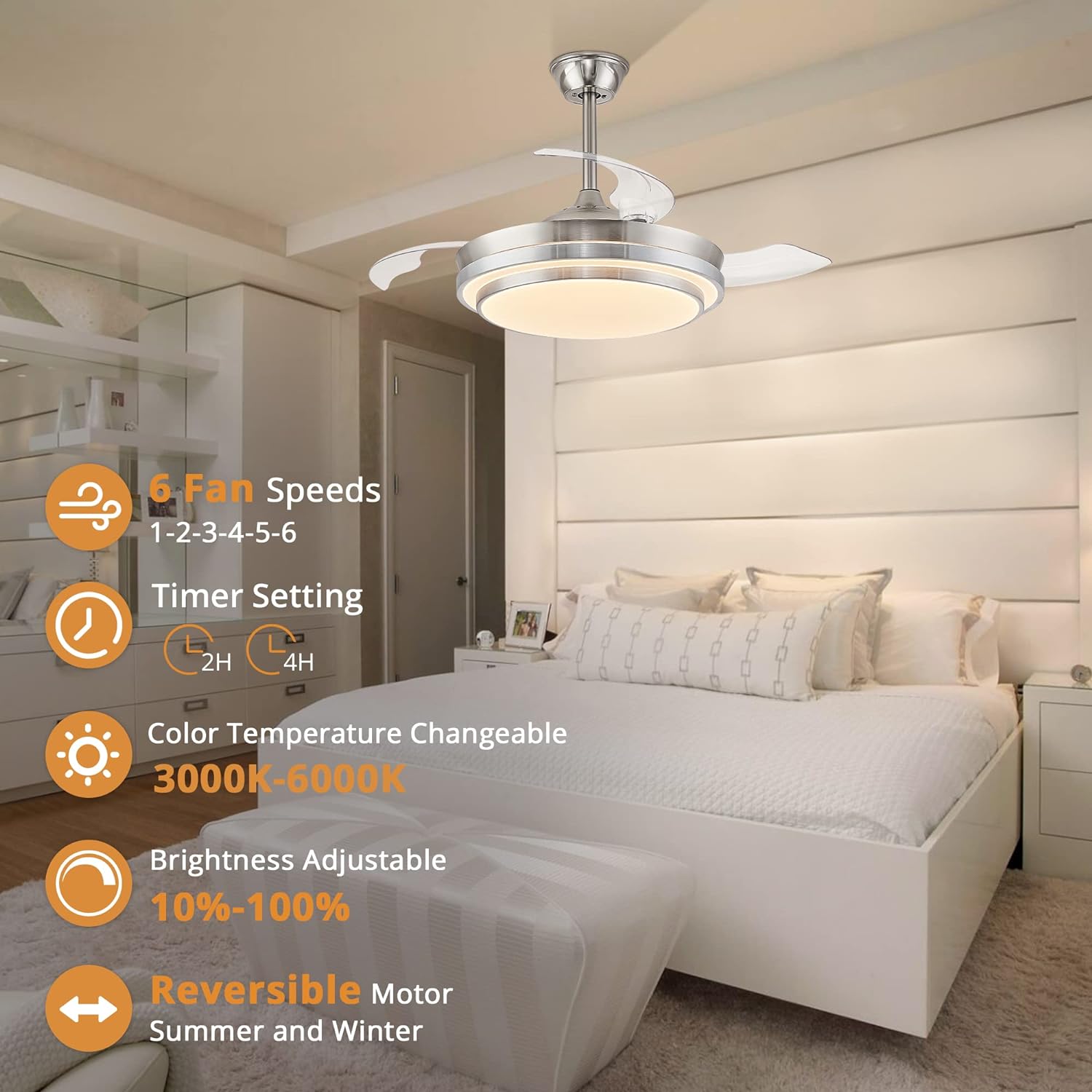 Retractable ceiling fan with light and remote control,42 inch (approx. 106.6 cm) bladeless ceiling fan with LED lighting, smart modern ceiling fan, stepless color change, dimmable, timer setting – brushed nickel