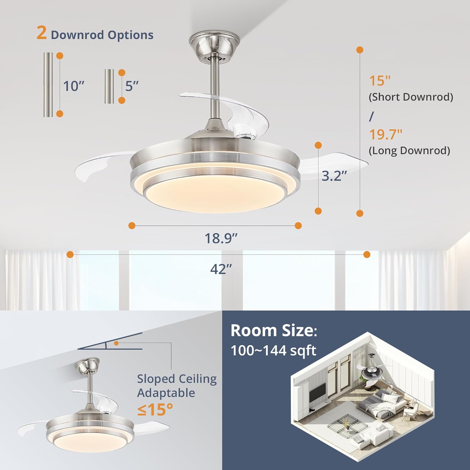 Retractable ceiling fan with light and remote control,42 inch (approx. 106.6 cm) bladeless ceiling fan with LED lighting, smart modern ceiling fan, stepless color change, dimmable, timer setting – brushed nickel