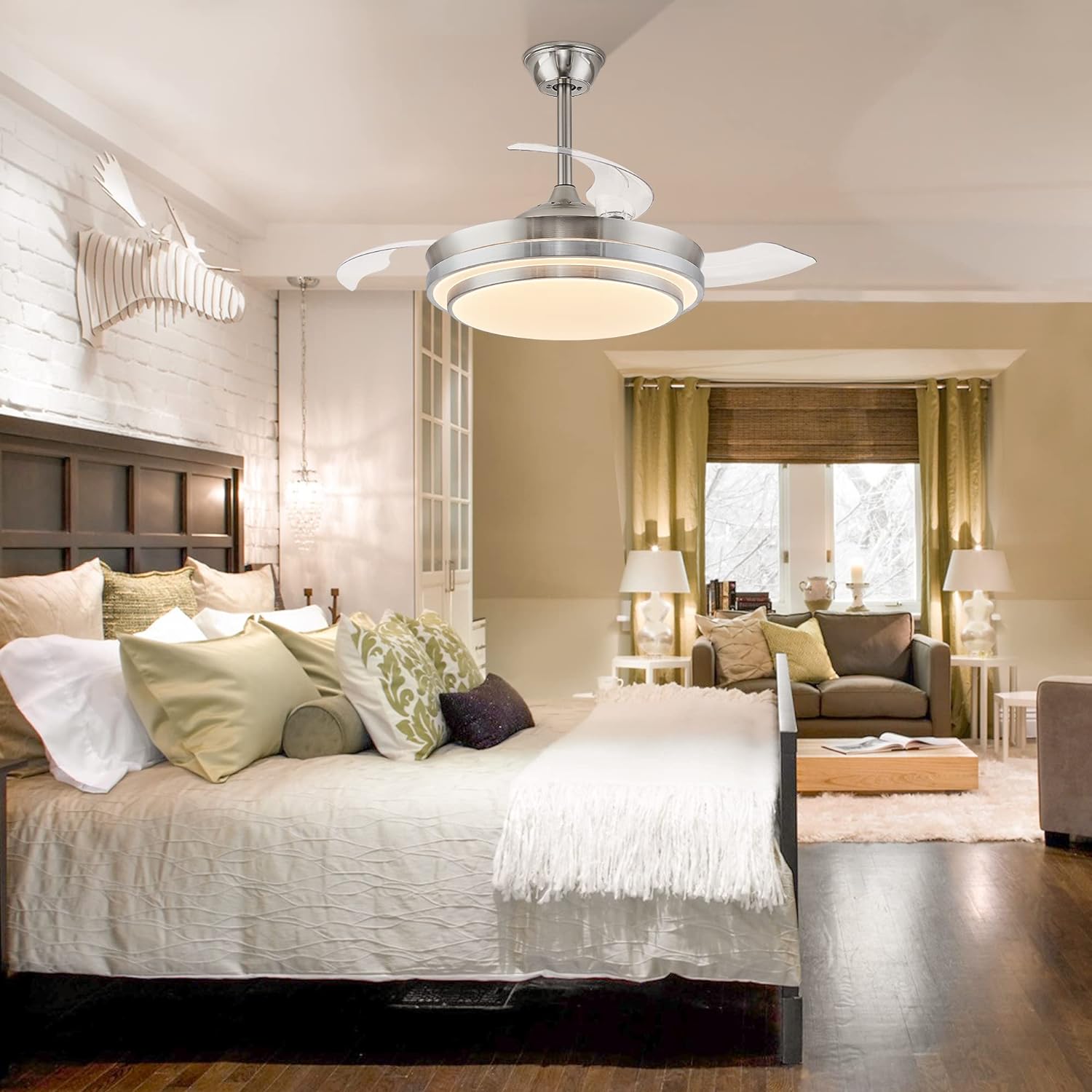 Retractable ceiling fan with light and remote control,42 inch (approx. 106.6 cm) bladeless ceiling fan with LED lighting, smart modern ceiling fan, stepless color change, dimmable, timer setting – brushed nickel