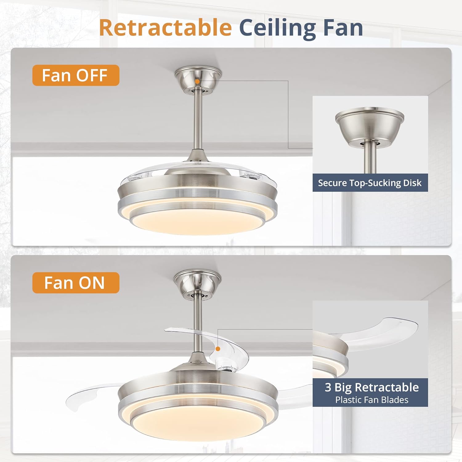 Retractable ceiling fan with light and remote control,42 inch (approx. 106.6 cm) bladeless ceiling fan with LED lighting, smart modern ceiling fan, stepless color change, dimmable, timer setting – brushed nickel
