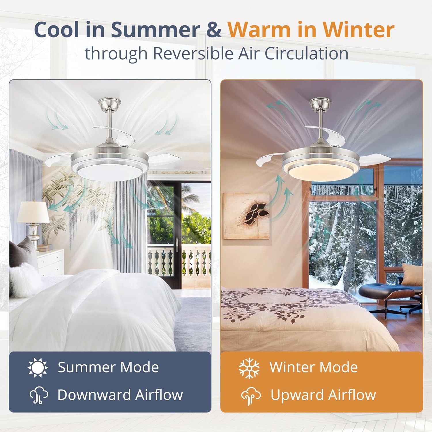 Retractable ceiling fan with light and remote control,42 inch (approx. 106.6 cm) bladeless ceiling fan with LED lighting, smart modern ceiling fan, stepless color change, dimmable, timer setting – brushed nickel